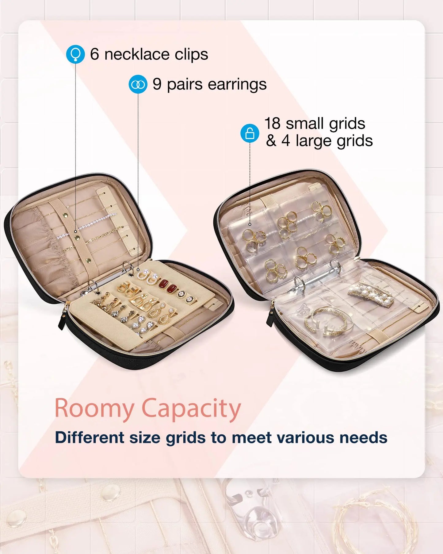 ClearGlam Book – Transparent Jewellery Travel Organiser with Zipper Bags