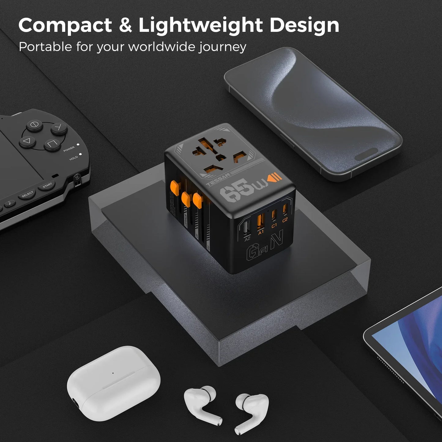 GlobeCharge Pro – 65W GaN Travel Adapter with USB Type C Worldwide Universal Power Adapter EU/UK/USA/AUS Plug for Travel