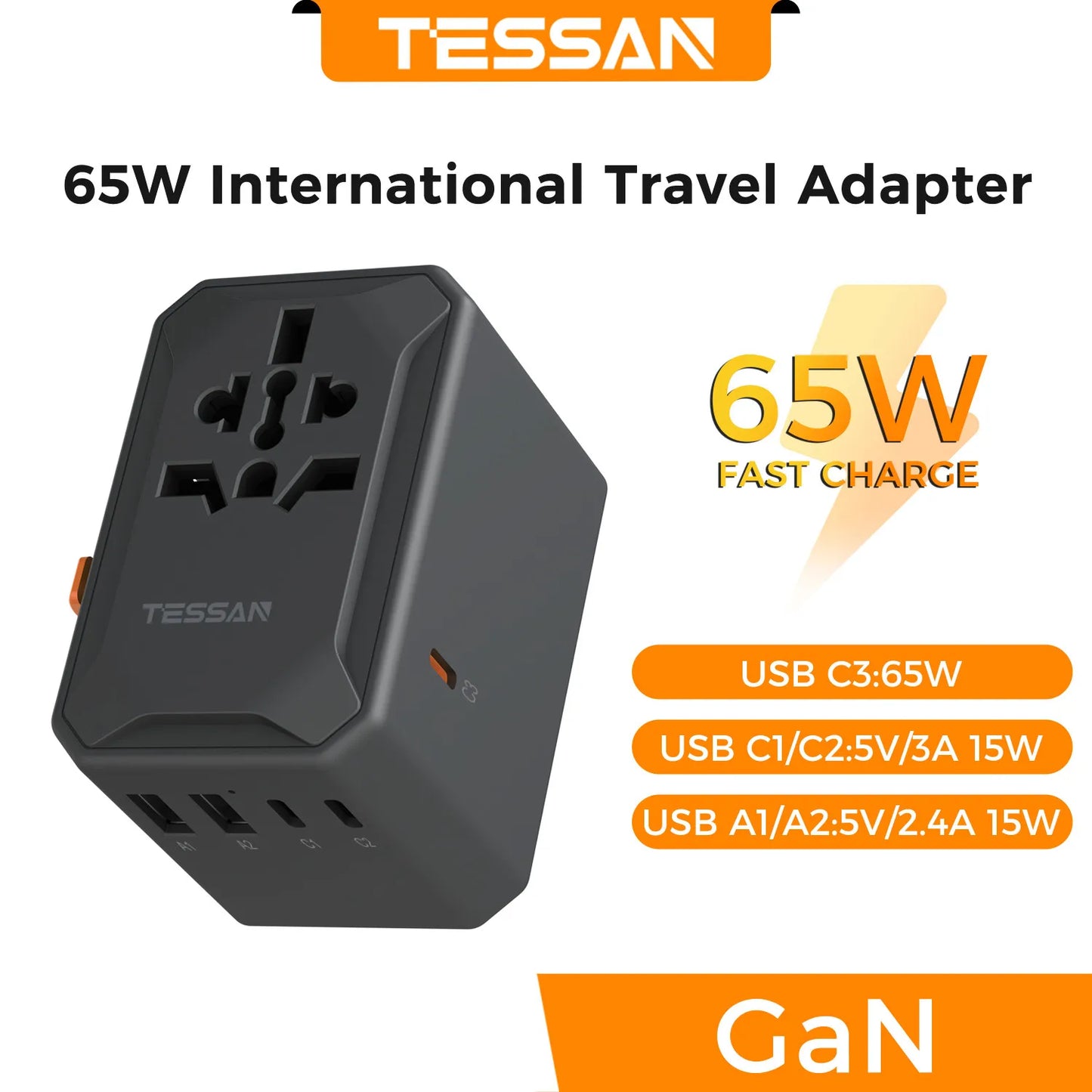 GlobeCharge Pro – 65W GaN Travel Adapter with USB Type C Worldwide Universal Power Adapter EU/UK/USA/AUS Plug for Travel