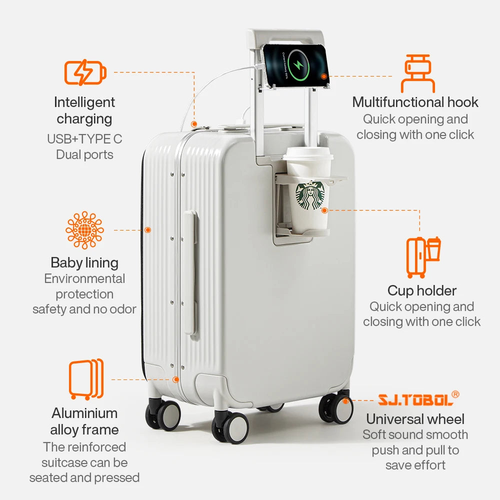 AeroCase™ Aluminium Frame Cabin Suitcase – Rolling Carry-On with USB Port, Cup & Phone Holder (20/24”)