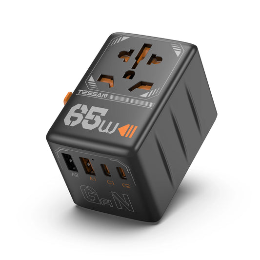 GlobeCharge Pro – 65W GaN Travel Adapter with USB Type C Worldwide Universal Power Adapter EU/UK/USA/AUS Plug for Travel