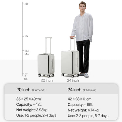 AeroCase™ Aluminium Frame Cabin Suitcase – Rolling Carry-On with USB Port, Cup & Phone Holder (20/24”)